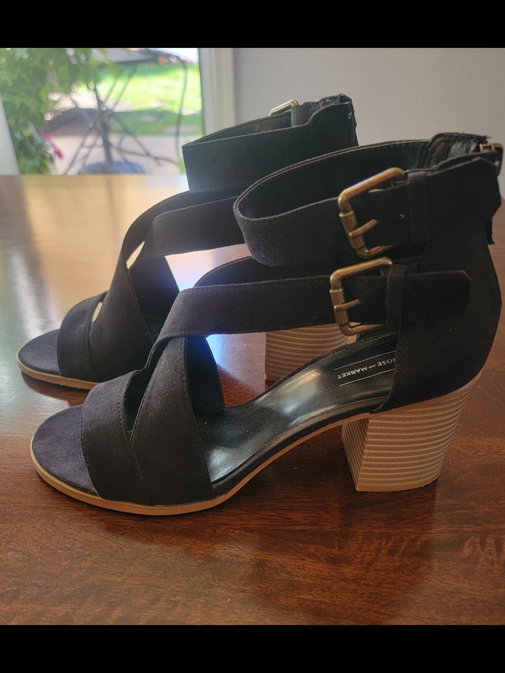 Melrose and Market Black Suede Strappy Block Wooden Heel Sandals